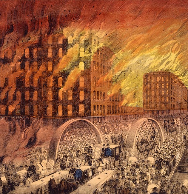 Illustration of crowds fleeing the Chicago Fire over a bridge as the fire engulfs a nearby buidling.
