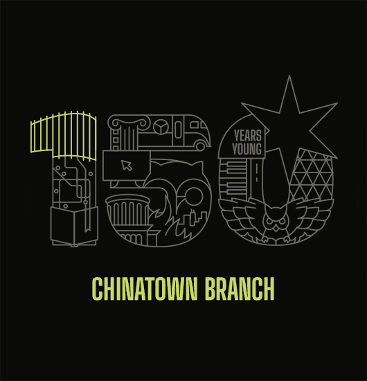 An animation depicting different symbols making up the CPL 150 logo: the Chinatown branch, Chicago fire, YouMedia, Bookmobile, Chicago star, One book one Chicago, Digital Literacy, and the Harold Washington branch.