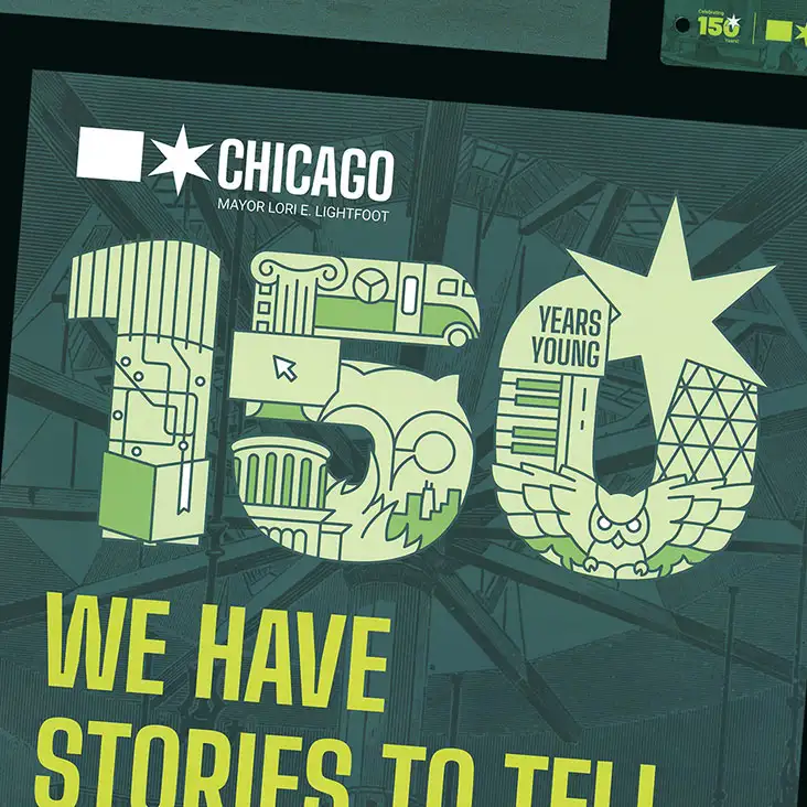 A close up of a poster promoting the Chicago Library's 150th anniversary.