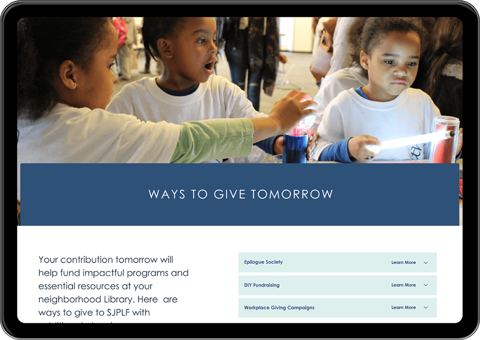 The ways to give section of the new website shown on an iPad.