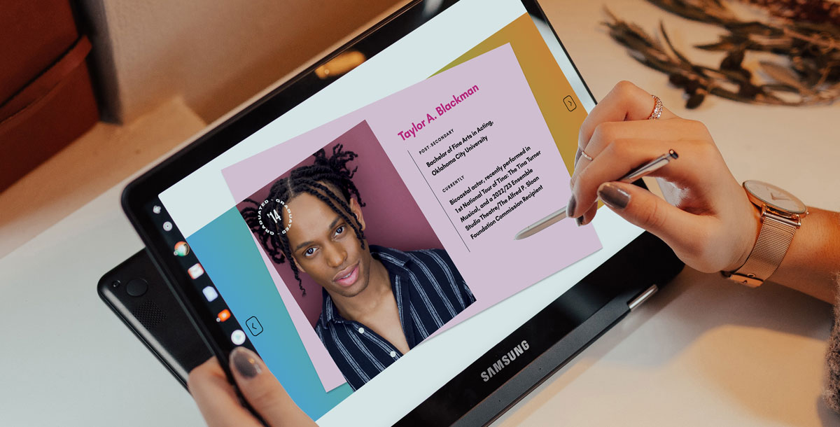 A site visitor reviewing a ChiArts alumni profile on a tablet.