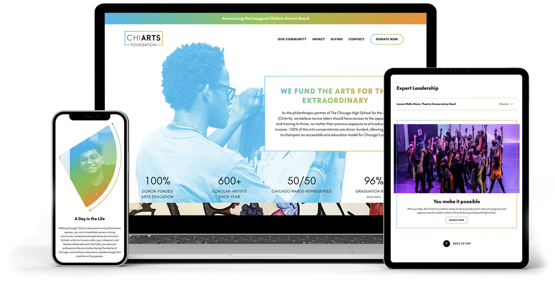 Various views of the responsive ChiArts Foundation site displayed on a laptop, tablet, and mobile phone.
