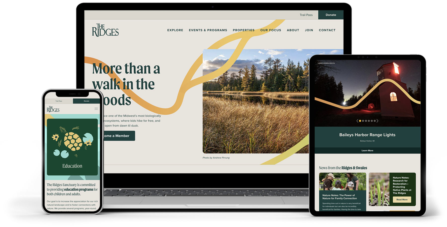 Various views of the responsive Ridges site displayed on a laptop, tablet, and mobile phone.