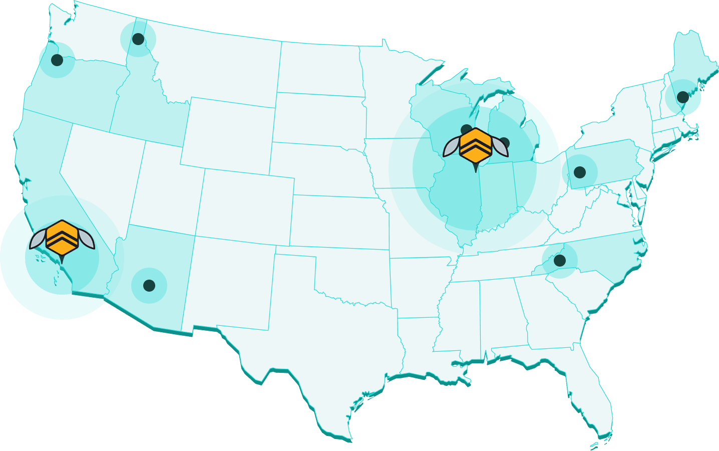 A map showing collective members operating in Oregon, Idaho, California, Arizona, Wisconsin, Illinois, Michigan, Maine, Pennsylvania, and North Carolina.